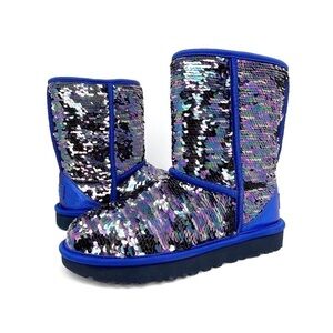 Ugg Classic Short Boots Sequin Womens Size 6 Blue Silver Mermaid Sparkle New NWT
